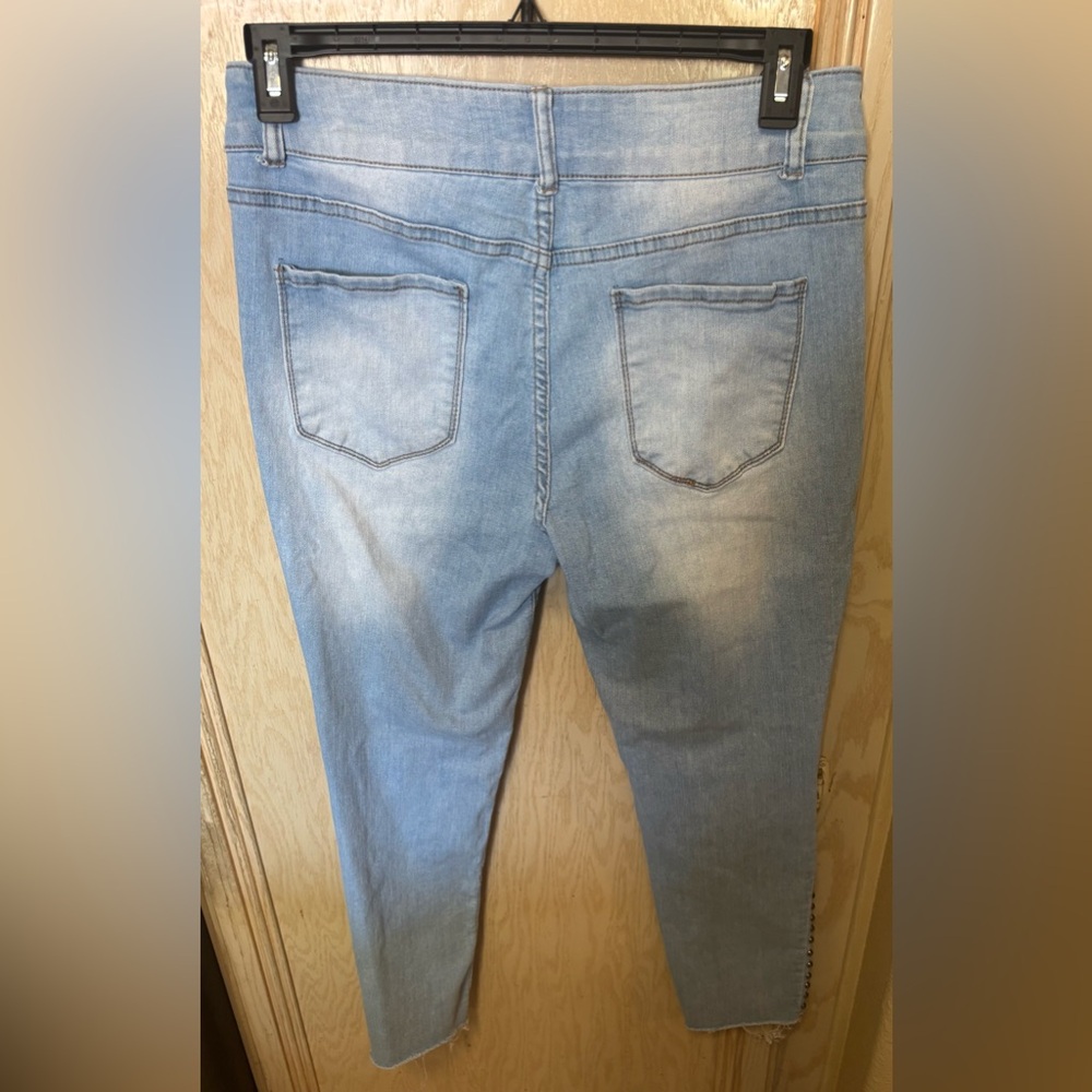 Women's Light Blue Distressed Skinny Jeans with Studded Details - Picture 2 of 15